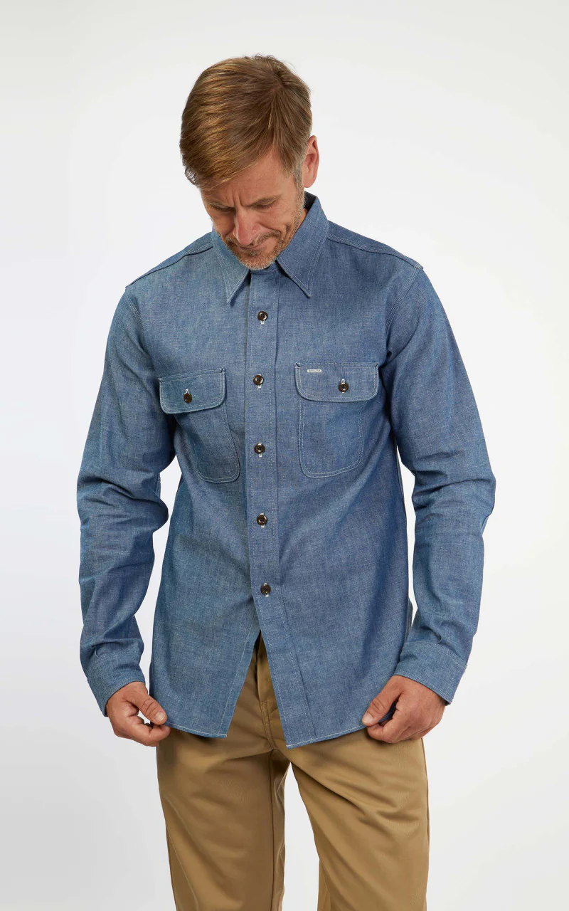 Warehouse & Co. 3036 Chambray Shirt Duck Digger W/ Elbow Patch Saxe Blue - Image 14