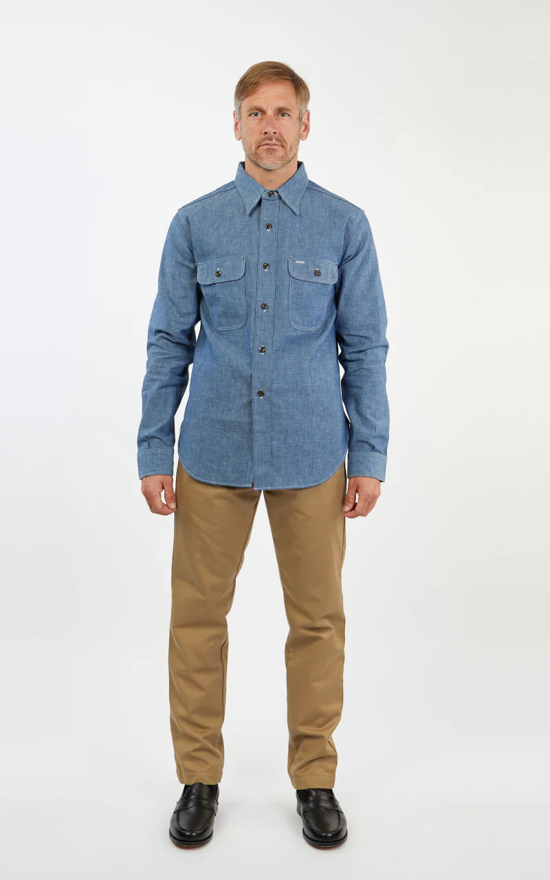 Warehouse & Co. 3036 Chambray Shirt Duck Digger W/ Elbow Patch Saxe Blue - Image 2
