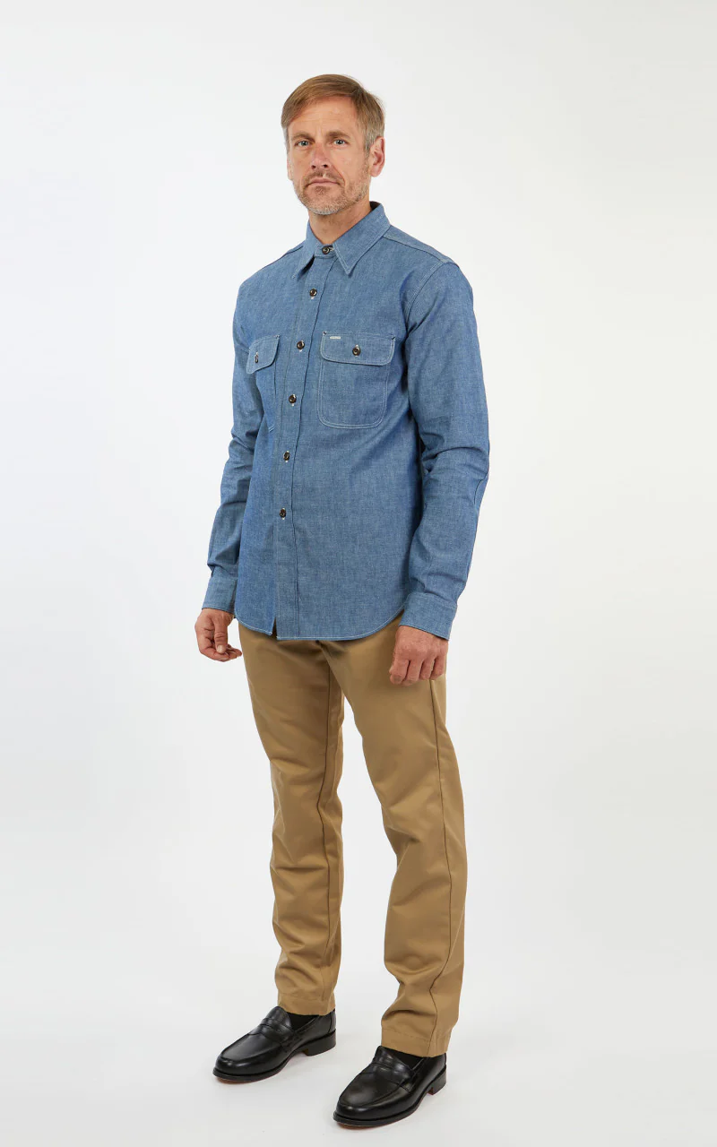 Warehouse & Co. 3036 Chambray Shirt Duck Digger W/ Elbow Patch Saxe Blue - Image 3