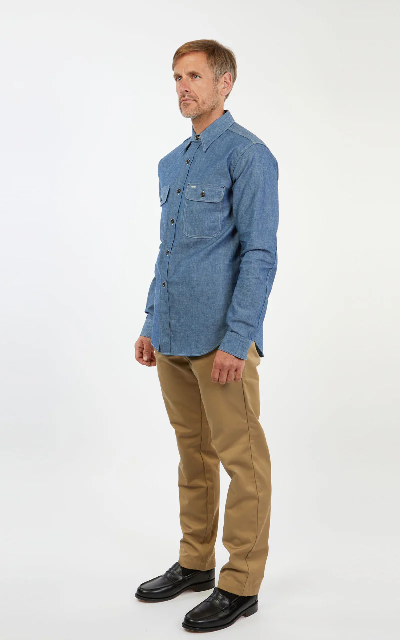 Warehouse & Co. 3036 Chambray Shirt Duck Digger W/ Elbow Patch Saxe Blue - Image 4