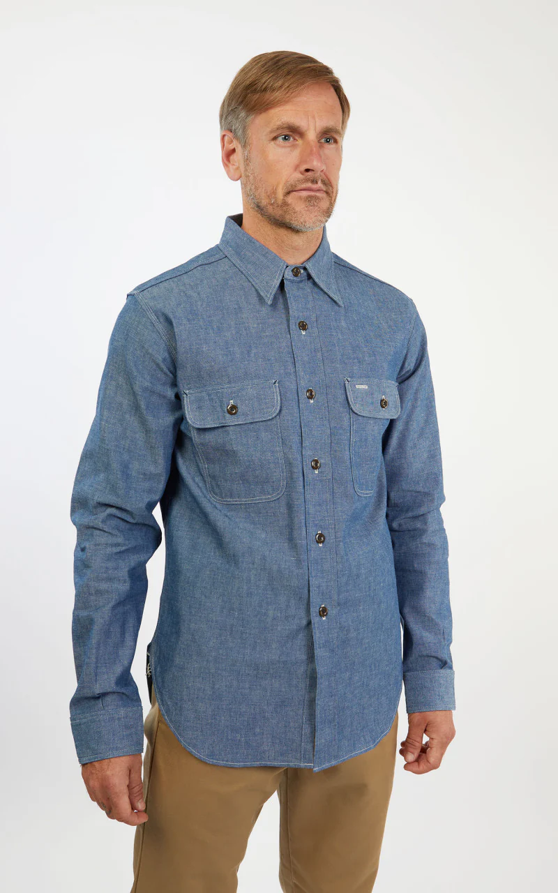 Warehouse & Co. 3036 Chambray Shirt Duck Digger W/ Elbow Patch Saxe Blue - Image 5