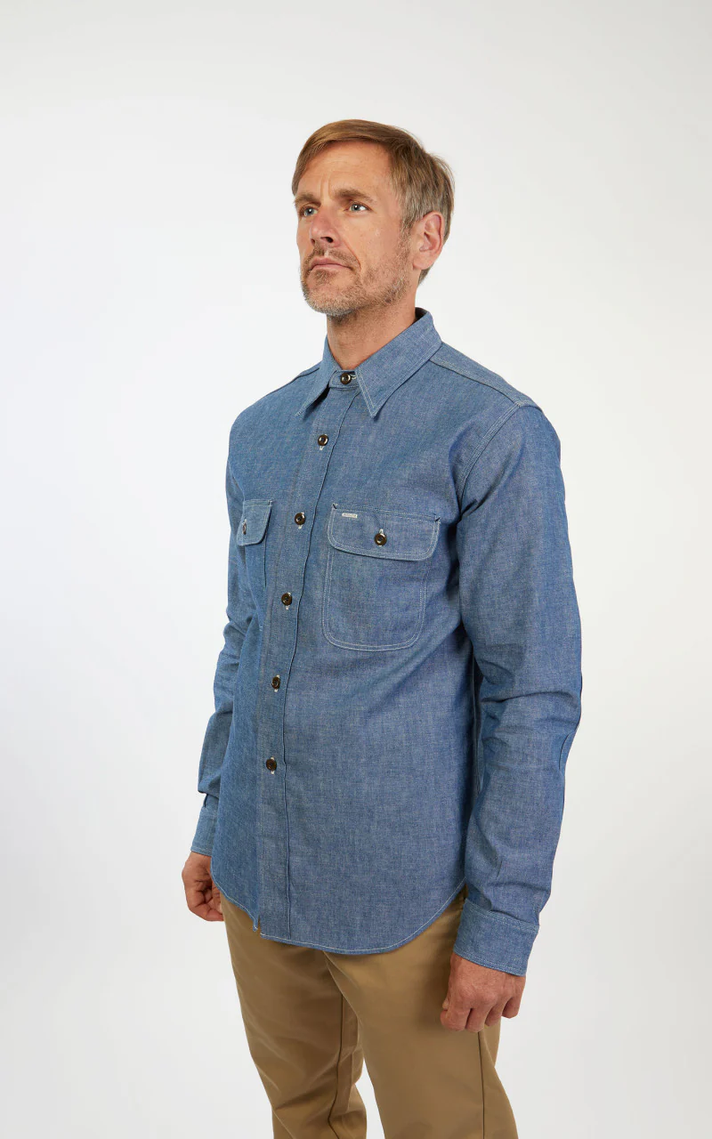 Warehouse & Co. 3036 Chambray Shirt Duck Digger W/ Elbow Patch Saxe Blue - Image 6