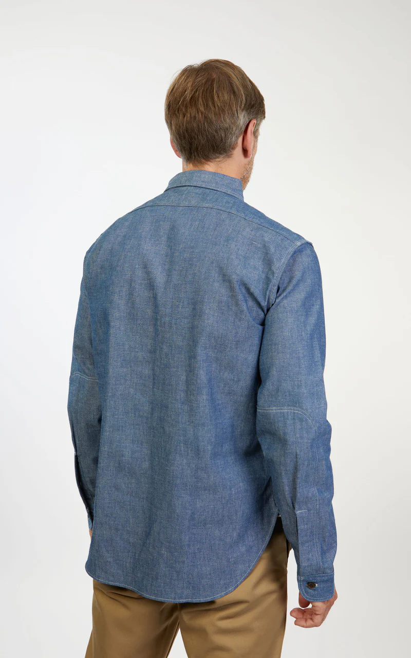 Warehouse & Co. 3036 Chambray Shirt Duck Digger W/ Elbow Patch Saxe Blue - Image 7