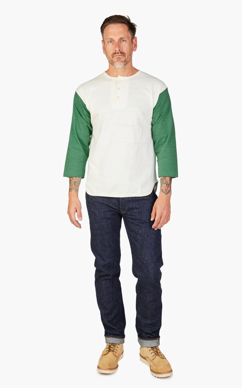 Warehouse & Co. Lot 4058 Three Quarter Baseball Henley T-Shirt Cream/Light Green - Image 2