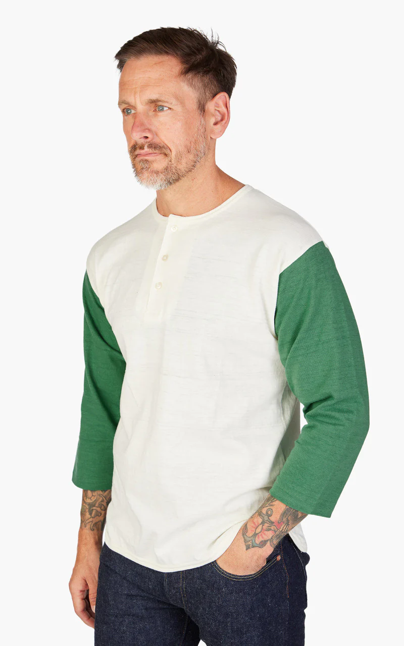 Warehouse & Co. Lot 4058 Three Quarter Baseball Henley T-Shirt Cream/Light Green - Image 4