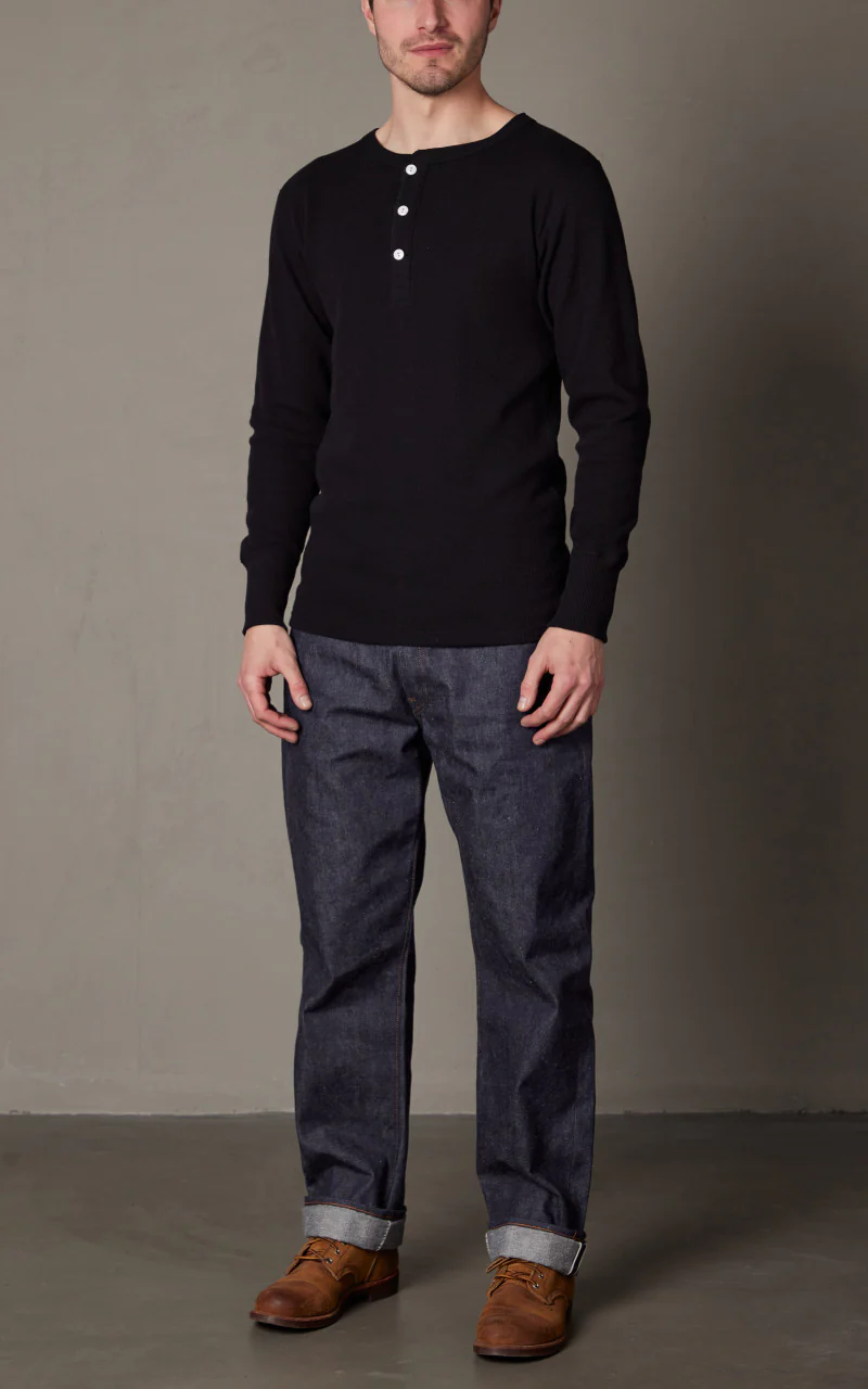 Warehouse & Co. Lot 5904 Waffle-Knit Henley Neck Long Sleeve T-Shirt Black - Image 2