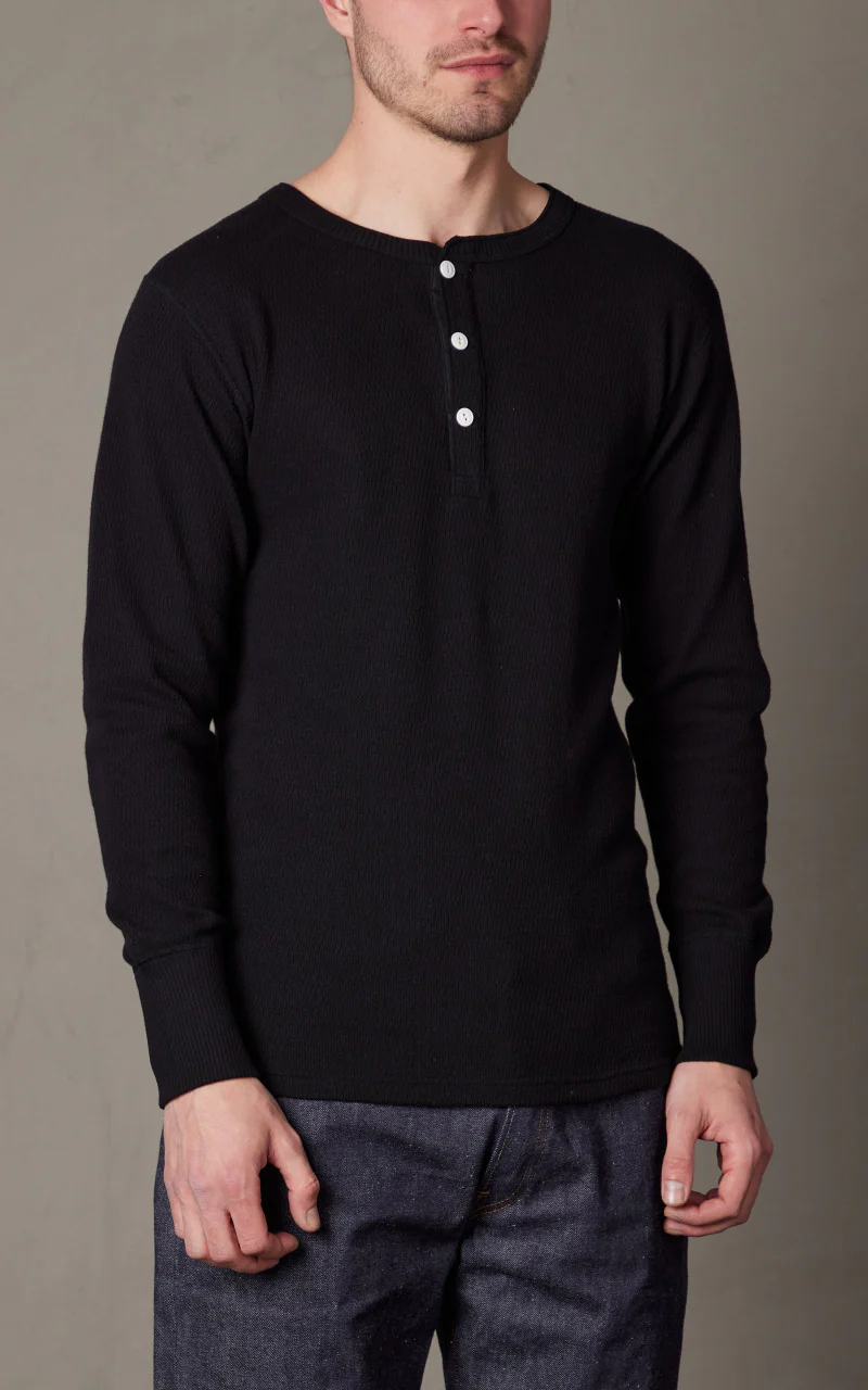 Warehouse & Co. Lot 5904 Waffle-Knit Henley Neck Long Sleeve T-Shirt Black - Image 3