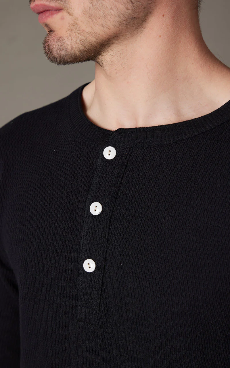 Warehouse & Co. Lot 5904 Waffle-Knit Henley Neck Long Sleeve T-Shirt Black - Image 5