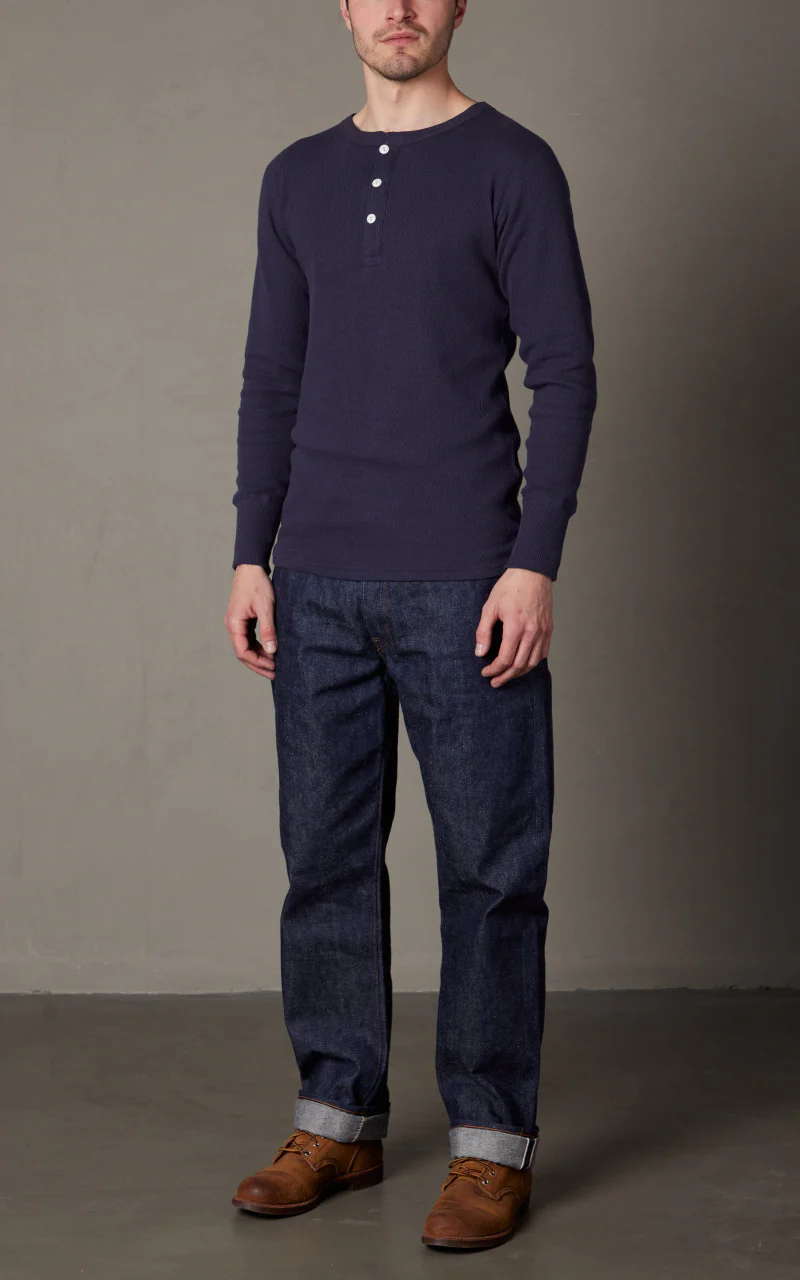 Lot 5904 Waffle-Knit Henley Neck Long Sleeve T-Shirt Navy - Image 2