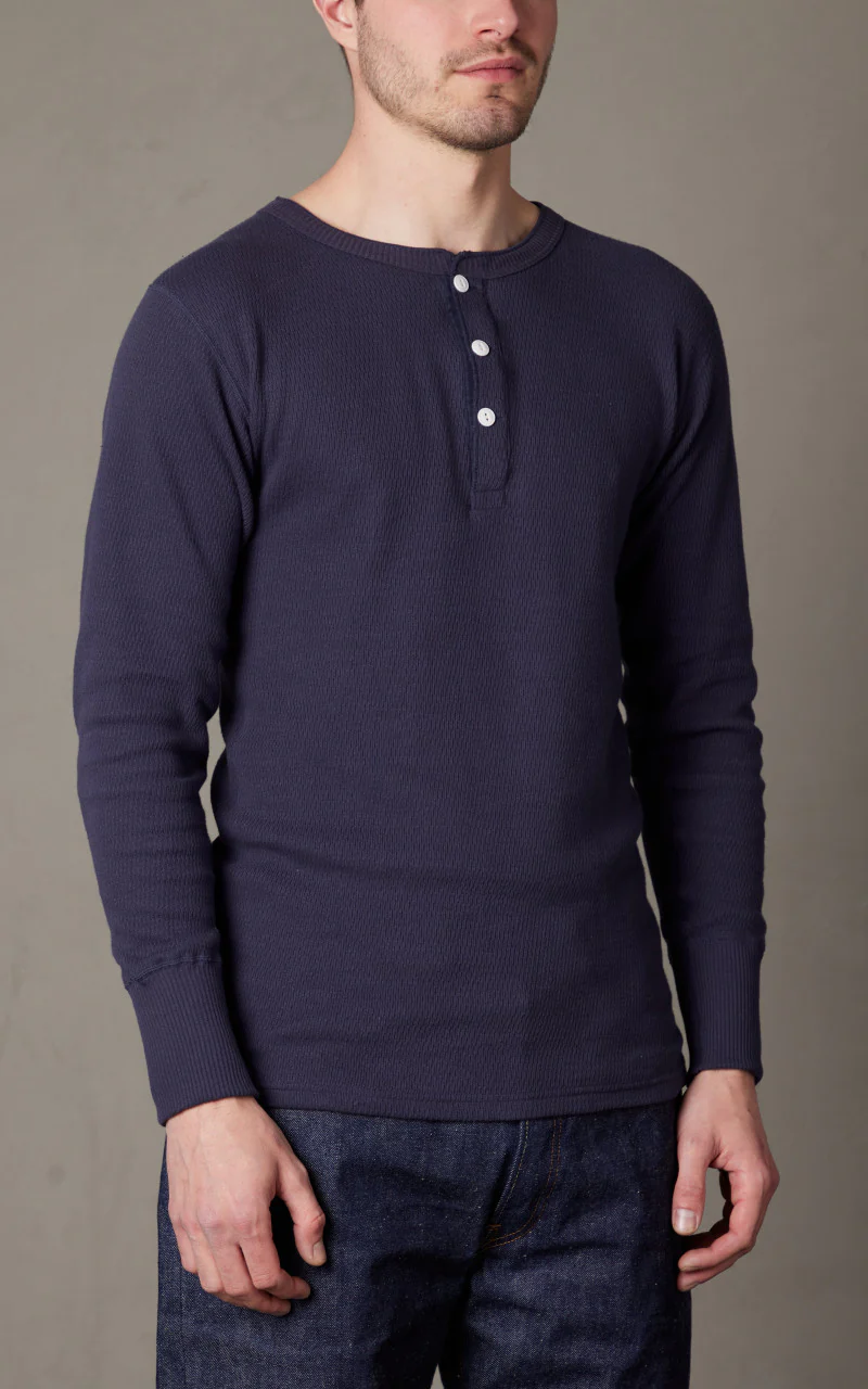 Lot 5904 Waffle-Knit Henley Neck Long Sleeve T-Shirt Navy - Image 3