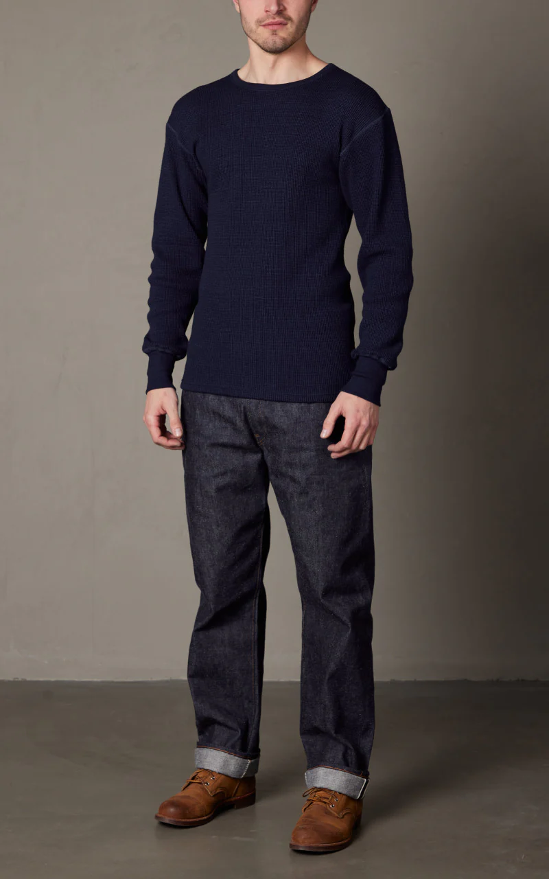 Warehouse & Co. Lot 5911 Waffle-Knit Crew Neck Long Sleeve T-Shirt Indigo - Image 2