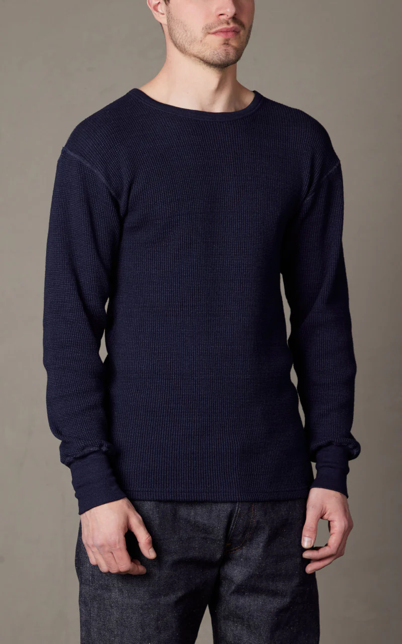 Warehouse & Co. Lot 5911 Waffle-Knit Crew Neck Long Sleeve T-Shirt Indigo - Image 3