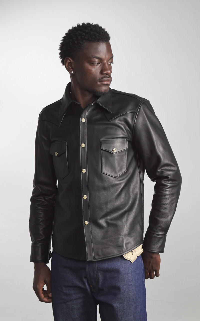 Y'2 Leather Steer Oil Leather Western Shirt Black - Image 5