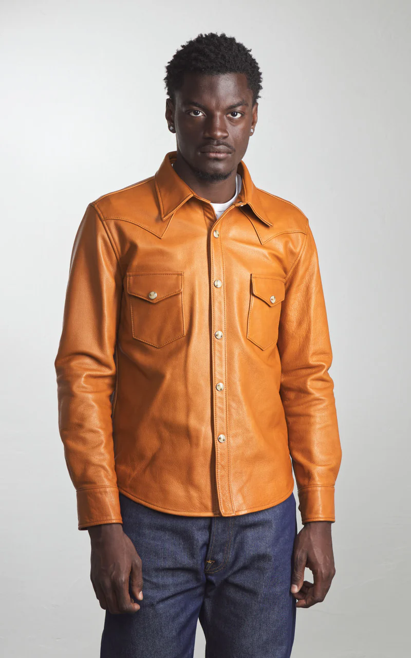 Y'2 Leather Steer Oil Leather Western Shirt Camel - Image 4